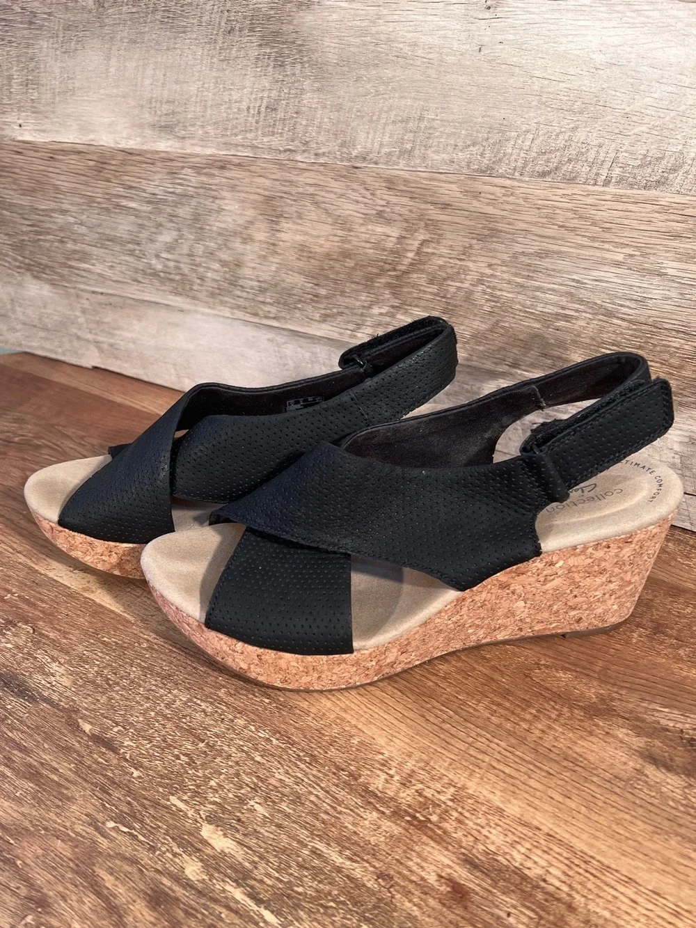 Black Cork Wedge‎ Sandals with Cross-Strap Design